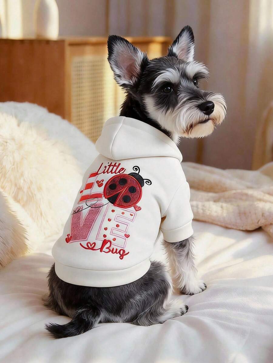 1pc Pet Clothes, Dog Cat Apparel, Happy Puppy Small Dog Casual Fashion Cute Comfortable Warm Heart Ladybug Valentine Sweatshirt - White - View 1