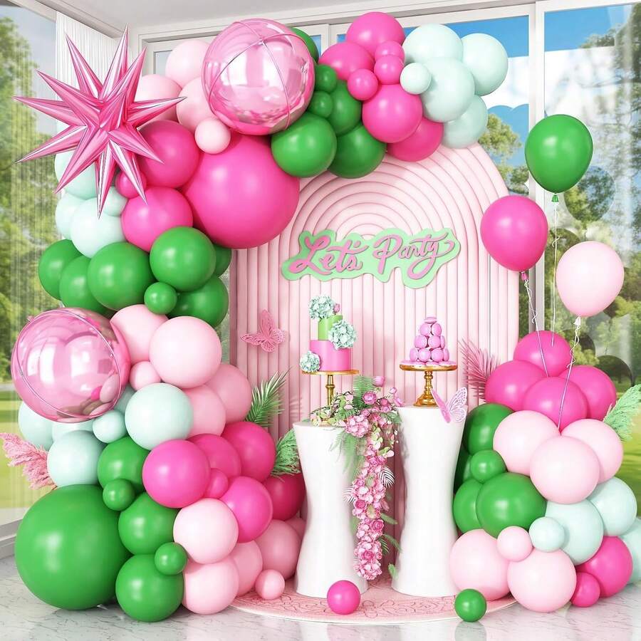 118 pièces Kit de guirlande d'arche de ballons rose et vert avec des ballons en feuille d'étoiles, ballons ronds 4D pour la décoration de fête d'anniversaire de babyshower de mariage de safari tropical - Multicolore - Voir 1