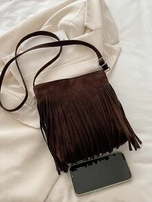 1 pieza Bolso de hombro cuadrado con decoración de flecos estilo bohemio vintage, diseño minimalista casual, se puede usar como bolso de hombro o bandolera, estilo versátil adecuado para - Bolso bandolera con borlas 2 - Ver 7