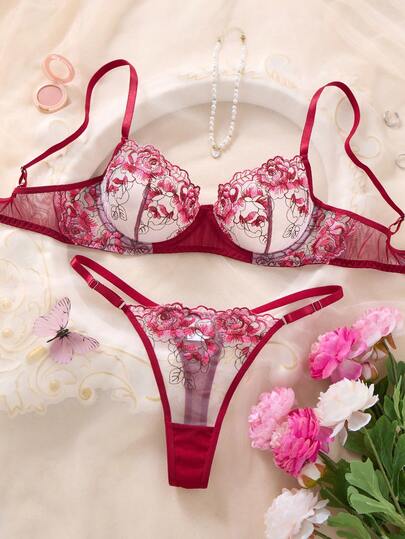 女士酒红色花卉刺绣薄纱文胸套装，钢圈内衣两件套，约会之夜必备