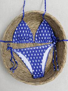 Popular Ruched Leopard Print Halter Two Pieces Bikini, European Tie-Strap Swim Set, Year-Round Bestseller For Beach Parties - Royal Blue Background With White Stars - View 4