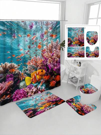 1/4pcs Underwater Coral Reef Fish Scene With Clownfish, Vibrant Marine Life Print Waterproof Bathroom Curtain Set, Tranquil & Healing, Waterproof & Mildew Resistant, Thick Polyester, No Drill Installation, Non-Slip Bath Mat, Toilet Pad, Digital Printing, Fade Resistant, Machine Washable, All Season, Holiday Limited Edition