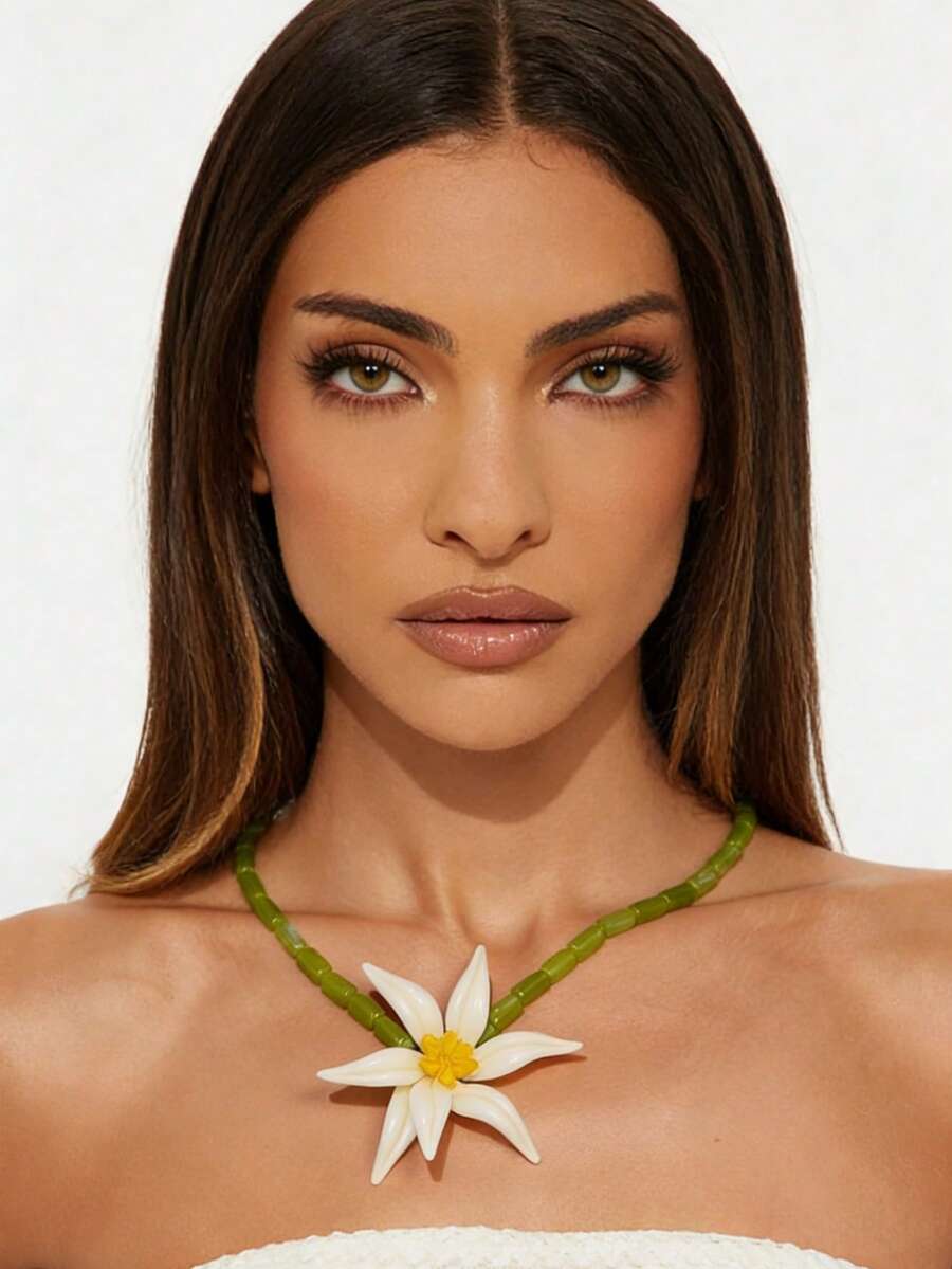 1 pieza Collar de flores de resina verde con cuentas, estilo bohemio de verano hecho a mano, con vibra de playa, adecuado para la playa, vacaciones, fiesta de piscina, combinado con bikini/vestido de resort - collar - Ver 1