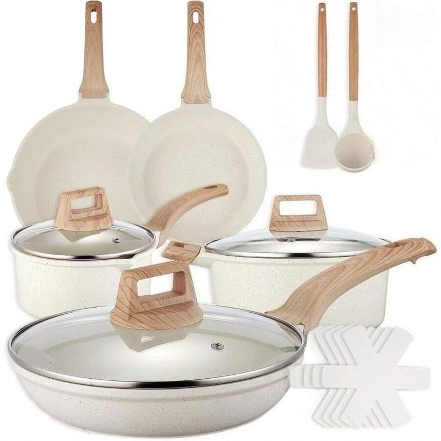 Bộ nồi chảo chống dính 14 món, phù hợp với bếp từ và nhiều loại bếp khác. Bộ sản phẩm bao gồm chảo rán, nồi nấu canh, nắp đậy và các dụng cụ nhà bếp khác, dễ vệ sinh và nhẹ. - Nhiều màu - Xem 1