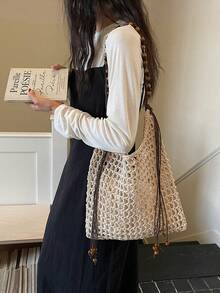 1 chiếc túi tote dệt thủ công bằng cotton, thoáng khí, có móc len, đính hạt cườm và tua rua, kiểu dáng Bohemian, có lớp lót vải, tạo cảm giác thoải mái, phù hợp đi làm hàng ngày, phong cách nghệ thuật trẻ trung, đi biển, dã ngoại. - Màu be - Xem 8