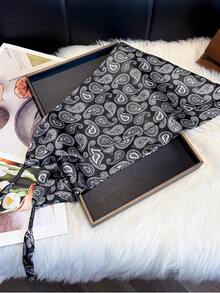 1 件女士新款佩斯利花纹防晒可调节腰带时尚长三角仿丝巾双层围巾，多功能领巾头巾春夏披肩配饰。 - 黑色 - 查看 2