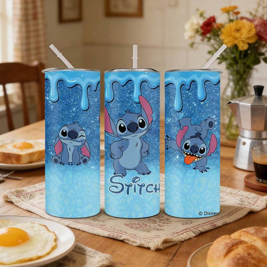 Disney 1pc Straight Insulated Cup, Printed With Cute Stitch Design, 600ml Stainless Steel Insulated Water Bottle With Straw, Boxed With Anti-Counterfeit Code - Stitch - View 1