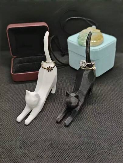 1pc Elegant 3D Printed White & Black Cat-Shaped Ring Stand | Minimalist Jewelry Display For Wedding Bands, Birthdays & Office Decor, Durable Plastic, No Power Needed, Ideal Gift For Cat Lovers | Perfect For Valentine's Day, Mother's Day, Father's Day, Birthdays, Office Decorations, Cat Lover Gifts