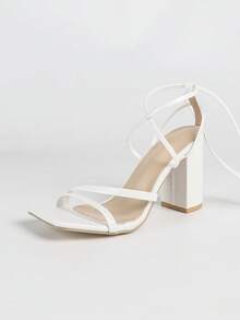 女士白色高跟凉鞋，长绑带至小腿，方头粗跟，舒适时尚百搭，露趾设计拉长腿部线条，淡粉色别致鞋款 - 白色 - 查看 3