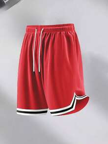 1件装男士休闲运动网眼篮球短裤，速干弹力时尚户外短裤，男女皆宜 - 紅色 - 查看 2