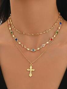 Set de 3 collares multicapa con colgante de cruz de cristal de colores en estilo bohemio, adecuado para el uso diario de las mujeres y las vacaciones de verano en la playa - Dorado - Ver 8