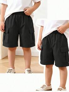 1 chiếc quần short cargo bằng polyester màu trơn, kiểu dáng thường ngày, có túi, dành cho bé trai 4-7 tuổi, thích hợp cho mùa xuân/hè/thu. - màu đen - Xem 5