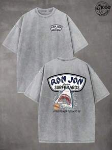 2026 Nueva llegada Camiseta unisex con gráfico de tablas de surf y tiburón, 100% algodón, cuello redondo de lavado vintage negro, manga corta oversize, estampado de surf y tiburón a doble cara, top casual para playa, surf y atuendos urbanos - Gris - Ver 1
