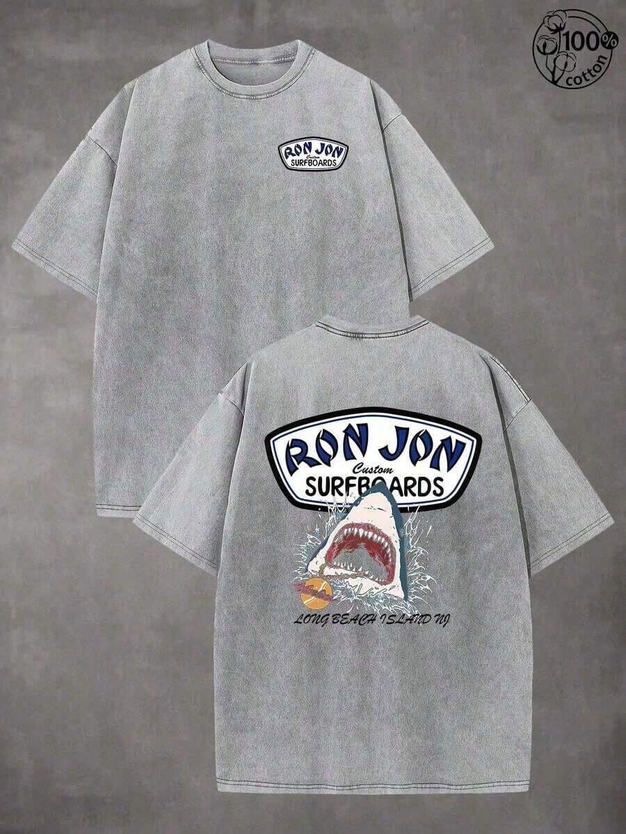 2026 Nueva llegada Camiseta unisex con gráfico de tablas de surf y tiburón, 100% algodón, cuello redondo de lavado vintage negro, manga corta oversize, estampado de surf y tiburón a doble cara, top casual para playa, surf y atuendos urbanos - Gris - Ver 1