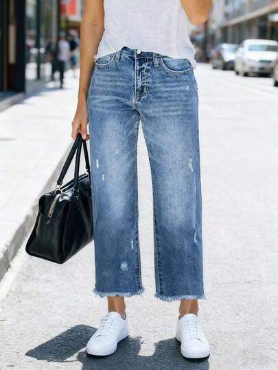 Jeans rectos con ajuste holgado y cómodo, con efecto desgastado, lavado azul, dobladillo deshilachado, estilo casual de calle para primavera