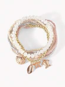 Opalesca 9件套夏季新款休闲度假风海龟、海星、仿珍珠贝壳吊坠串珠弹力手链套装，适合海滩、旅行、派对、约会、外出、日常佩戴 - 貝殼+海星+烏龜 - 查看 9