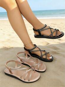 Women's Fashion Luxury Rhinestone Criss-Cross Strap Flat Sandals, Suitable For Beach Vacation, Casual Daily Wear And Dates - Black - View 1