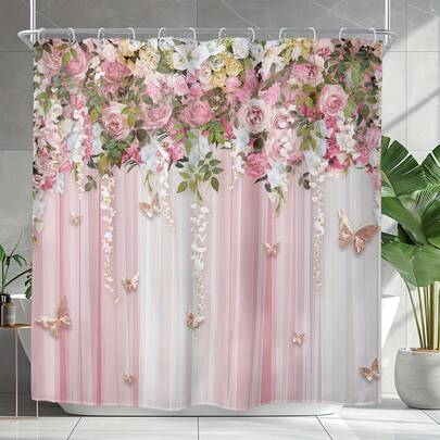 Vintage Floral Shower Curtain - Waterproof Bathroom Accessory, 71" X 71", With 12 Hooks