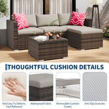 5-Piece Outdoor Sectional Sofa Set, All-Weather PE Rattan Patio Furniture With Ottoman & Tempered Glass Table, Convertible Garden Couch For Backyard, Porch, Poolside - Brown/Light Gray - 查看 4