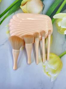 6 Peças Conjunto de Pincéis de Maquiagem em Formato de Concha, Pincéis de Maquiagem Portáteis e Minimalistas, Adequados para Viagem, Penteadeira, Maquiagem, Ferramentas de Maquiagem, Dia dos Namorados, Dia das Mães, Presente para Mulheres, Item Promocional, Pincéis de Maquiagem Profissionais, Kit de Maquiagem Completo - Conjunto de Pincéis de Maquiagem com Espelho em Formato de Concha - Visão 5