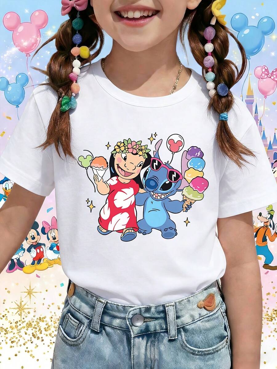Disney DIS Lilo Stitch Hawaiian Summer Vacation Ice Cream Balloons Printed Pattern T-Shirts For Girls - Children's Clothing Design Short-Sleeved Casual And Cute Style Comfortable And Casual Wear All Year Round Suitable For Parties And Play Machine Washable Gift Children's Clothing Girls' Short-Sleeved Shirts - White - View 1