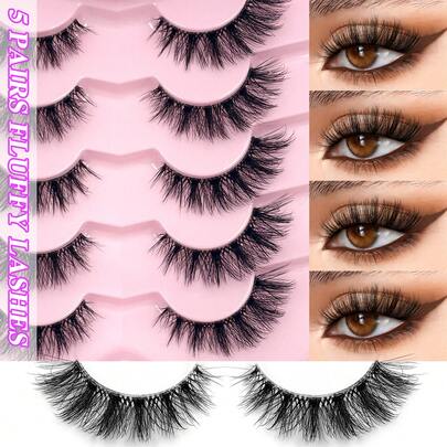 ENCHUW 5 Çift Takma Kirpik Doğal Görünümlü Kedi Gözü Kirpikler Şeffaf Bantlı İnce Takma Kirpikler 3D Şerit Kirpikler Kalın Kirpikler Yumuşak Kirpikler Kabarık Doğal Kirpikler Çoklu Paket