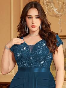 Plus Deep V-Neck Sequin Lace Contrast Ruched Draped Front Mermaid Hem Evening Party Formal Dress - Dusty Blue - View 8