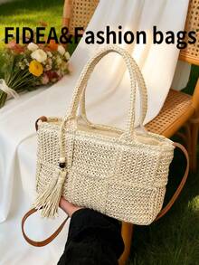 Túi đeo vai thời trang dành cho nữ, kiểu dáng tối giản, túi đeo chéo đa năng, thiết kế dệt từ chất liệu polyester, túi đi biển kiểu rơm, có thể xách tay hoặc đeo vai với dây đeo điều chỉnh được, phù hợp cho đi làm hàng ngày, du lịch, v.v. - Màu be - Xem 8