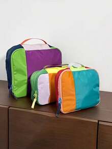3Pcs Colorful Patchwork Packing Cubes Set Multicolor Travel Storage Bags Lightweight Nylon Luggage Rainbow Color Block Packing Cubes Set - Multicolor - View 7