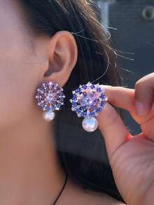 1 Đôi bông tai ngọc trai hình hoa lớn đính đá Cubic Zirconia màu hồng và tím sang trọng, thích hợp cho nữ, phụ kiện trang sức dự tiệc đính hôn. - Hồng - Xem 8