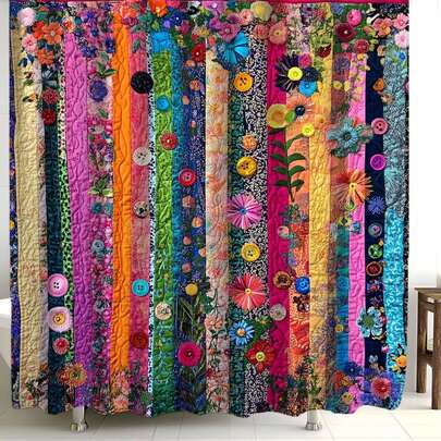 复古条纹花卉图案浴帘，带12个挂钩，含窗帘