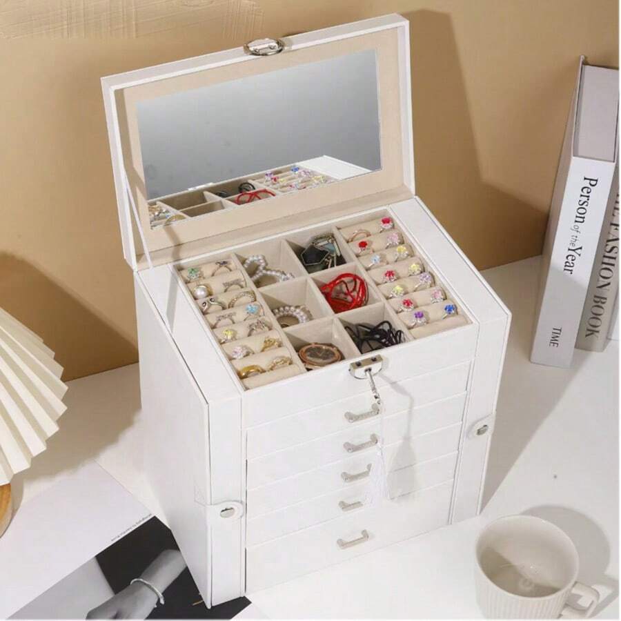 1pc Premium 6-Layer Jewelry Box, Earrings, Necklace, Bracelet, Ring, Watch Organizer, Gift For Girlfriend - Multicolor - View 1