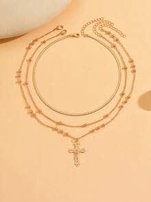 3件套时尚简约手工金链项链套装，百搭金十字架吊坠项链，适合日常佩戴、约会、聚会、度假和耶稣升天节等场合。 - 金色 - 查看 2