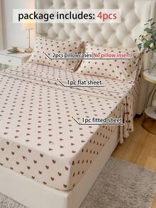 Juego de 4 piezas, 100% poliéster, diseño de corazones, sábana ajustable de 35 cm de profundidad, juego de ropa de cama estampada (2 fundas de almohada + 1 sábana plana + 1 sábana ajustable), juego de ropa de cama moderna para todas las estaciones, estilo minimalista, suave y cómodo, transpirable - Multicolor - Ver 2