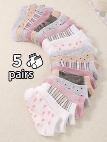 20/10/5 Pairs Random Color Striped Heart Pattern Children's Sports Short Socks, Soft Lightweight Low-Cut Seamless Socks, Suitable For All Seasons, Comfortable And Versatile, Solid Color Short Socks, Boat Socks, Girls' Socks - Multicolor - View 19