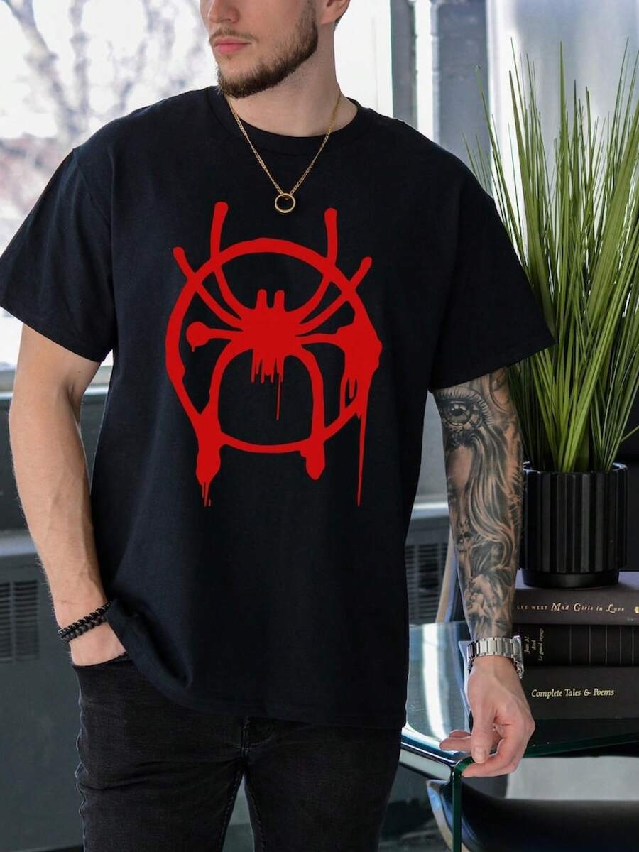 Inspired Black Tee Casual Short Sleeve Top For All Ages, Mens Short, Mens Summer Outfits, Men's Summer Clothes, Summer Tops, Holiday Outfits, Summer Outfits Women, Summer Clothes Tween, Teen Girls Clothes Summer, Summer Clothes Teen, Matching Mum And Daughter Outfit, Miles Morales Shirt, Miles Symbol Shirt, , Across The -Verse T-Shirt,Valentine's Day Shirt,Gift For Him, Shirt Crafted With High-Quality 100% Cotton Material That Feels Smooth And Gentle Against The Skin, Offering A Lightweight And Pleasant Wearing Experience Ideal For Everyday Use, Relaxed Weekends And Simple Casual Outfits. Fathers Day Gift, Gifts Specially Prepared For Fans, Gift For Kids, Friends And Family. - Black - View 1