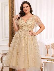 EVERPRETTY Elegant V-Neck Floral Sequin Short Sleeve Gold Formal Dress, Suitable For Wedding Guests, Parties, Galas And Other Formal Occasions - Gold - View 6