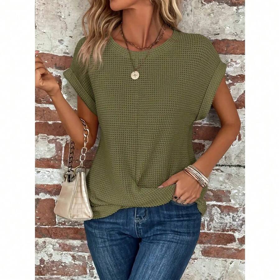 Women's Beige Waffle Knit Round Neck Dolman Short Sleeve Twist Front Hem Casual Top Minimalist Streetwear - 橄欖綠 - 查看 1