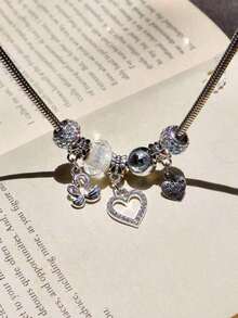 1pc Classic Swan Heart Charm Necklace, Retro Heart Necklace, Crystal Heart Swan Necklace - A - 查看 4