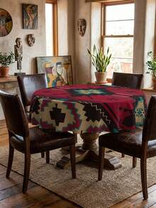 1 pieza Mantel de mesa con estampado retro suroeste rojo y negro, cubierta de mesa redonda premium de poliéster con borde festoneado, resistente a las manchas, impermeable, lavable y antiarrugas, duradera, protector de mesa ideal para cenas acogedoras en cabañas, festines de cosecha de otoño, comidas rústicas en el hogar, accesorio imprescindible para la mesa y la cocina - Rojo - Ver 9