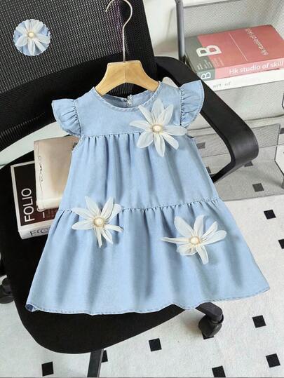 Girls' Floral Decor Sleeveless Round Neck Princess Denim Cake Dress, Blue, Knee-Length, Summer Fashion