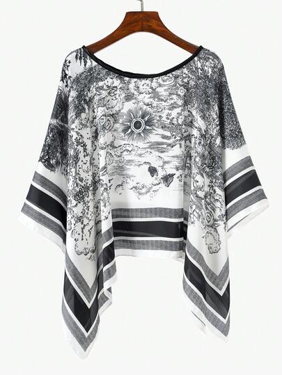 1pc Women's Retro Elegant Landscape Print Faux Silk Short Cover Up Shawl, Casual Sunscreen Cover-Up For Spring/Summer Outdoor