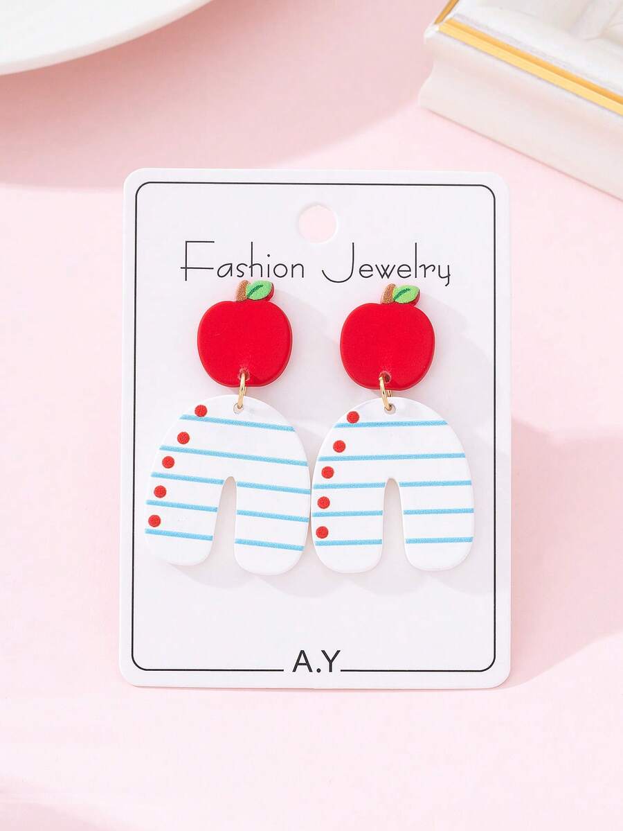 1 Pair Apple-Shaped Enameled Faux Soft Clay Earrings, Fashionable Jewelry Gift Suitable For Teacher's Day, Back To School, And Graduation Season - Multicolor - View 1