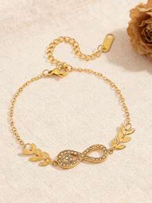 18K镀金水晶无限符号和月桂叶手链，波西米亚风金色夏季海滩度假不锈钢精致可调节链条手链，女士款 - 金色 - 查看 6