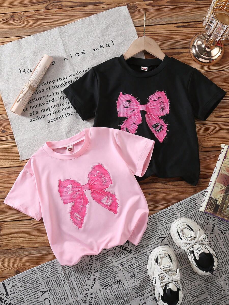 Bộ 2 áo thun ngắn tay cổ tròn họa tiết nơ phong cách retro cho bé gái, trang phục mùa hè thường ngày thời trang. - Nhiều màu - Xem 1