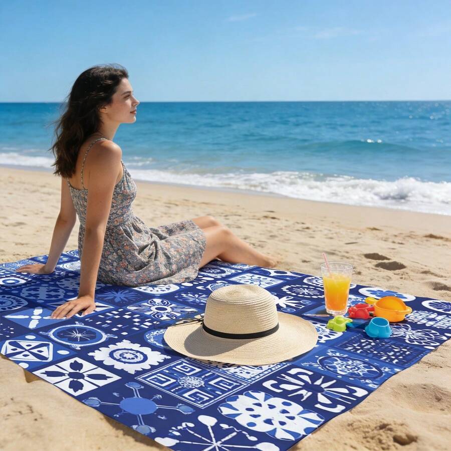 1 covoraș de plajă cu model Bohemia, extra-mare, ușor. Ideal pentru călătorii, camping și picnicuri. Dimensiune extra-mare pentru adulți. Foarte potrivit pentru plaje și aventuri în aer liber. - stilul 1 - Vizualizare 1