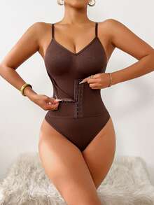Never me Women's Waist Trainer Bodysuit, Double-Layer Tummy Control, Sleeveless High Stretch Compression - Coffee Brown - View 1