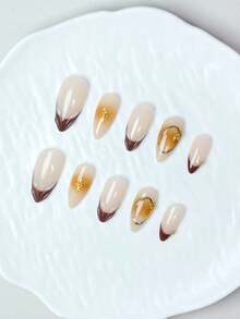 10pcs Handmade Customized Caramel Ombre French Almond Shaped Metal Gold Edged Starry Nail Stickers, Reusable - White - View 3