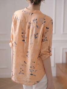 Blusa de mujer con estampado floral acuarela azul grisáceo, cuello alto, mangas 3/4.Confeccionada en tela transpirable, puños acampanados, ajuste ceñido, ideal para oficina o vacaciones, primavera/verano - Naranja - Ver 7