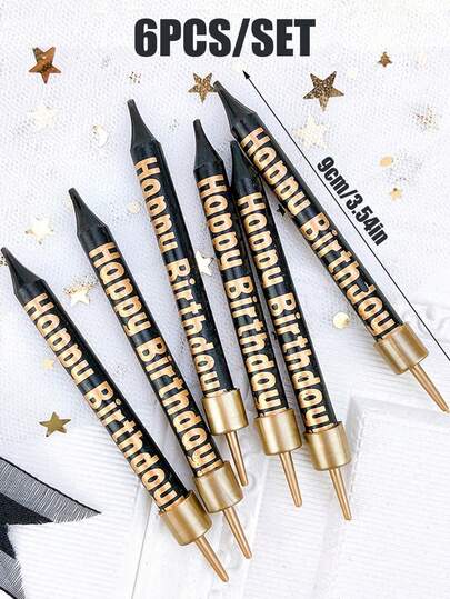 Set de 6 piezas de velas decorativas de cumpleaños con rayas en zigzag, estrella roscada y color negro y dorado de la serie de carreras